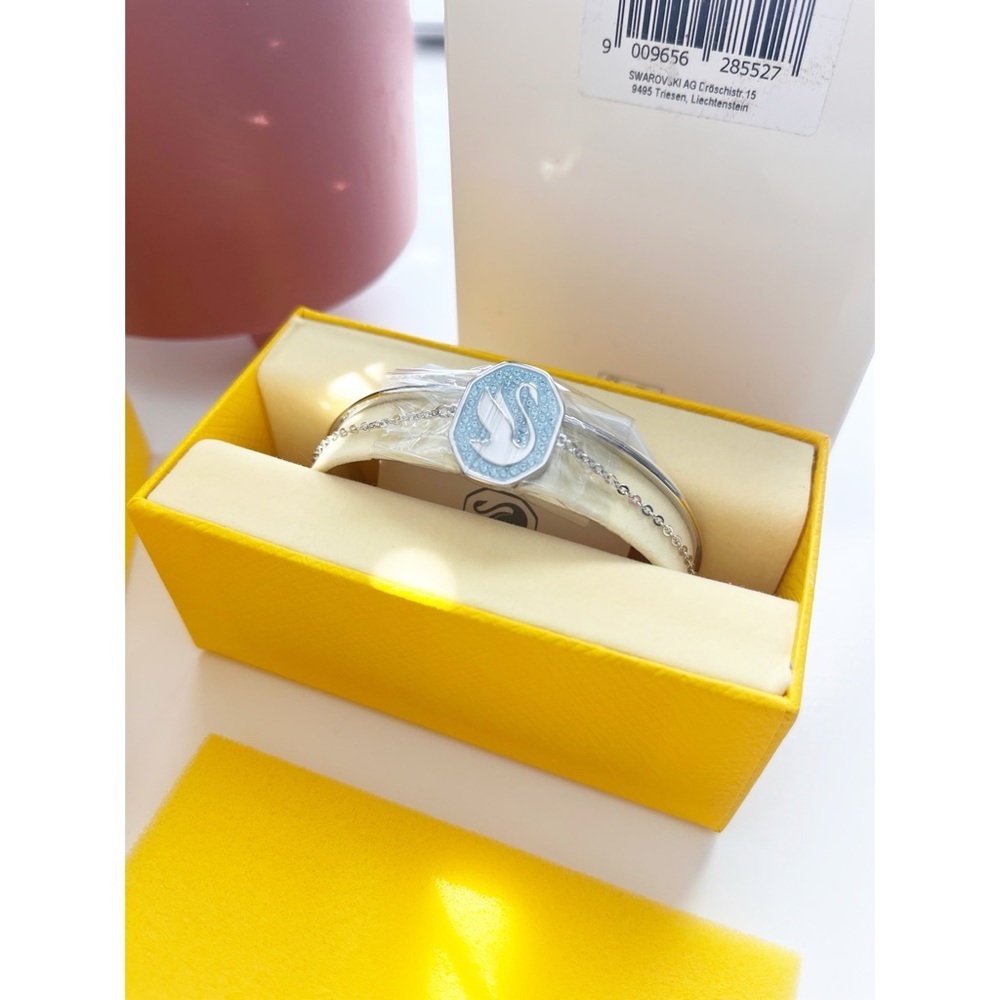 Swarovski Signum Swan Crystal Bangle in Blue | Rhodium Octagon Designer Bracelet - Picture 3 of 7